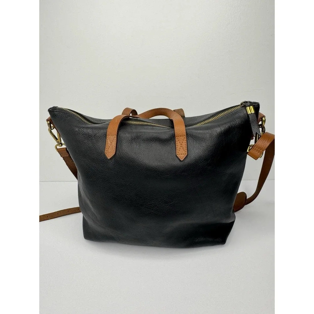 Madewell Black Thick Leather Zip Closure Double Handle Satchel Shoulder Bag‎
